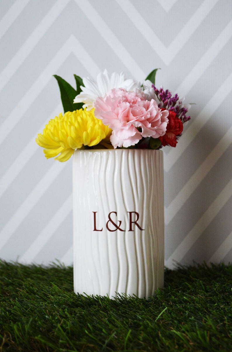 Anniversary Gift, Wedding Gift, Engagement Gift or Wedding Centerpiece -Tall Ceramic Wood Grain Vase -Personalized Modern & Rustic Vase