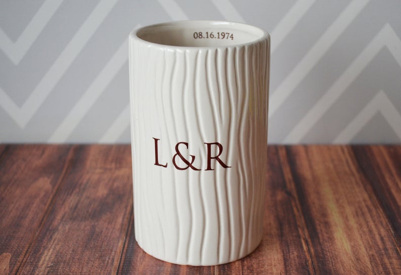 Anniversary Gift, Wedding Gift, Engagement Gift or Wedding Centerpiece -Tall Ceramic Wood Grain Vase -Personalized Modern & Rustic Vase