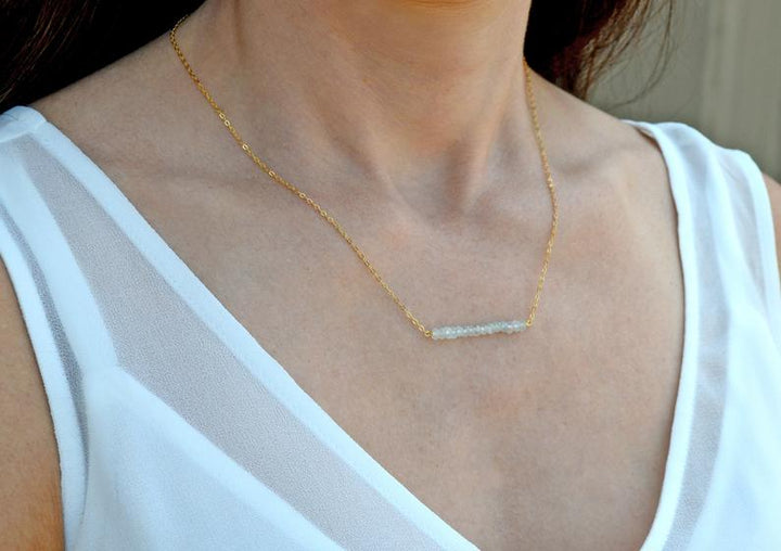 Aquamarine Beaded Bar Necklace, Dainty Aquamarine Necklace, March Birthstone Necklace, Bridesmaid Gift, March Birthday, Gift for Her