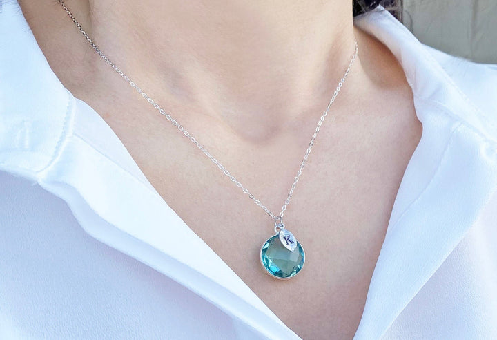 Aquamarine Necklace March Birthstone Necklace Round Personalized Necklace Sterling Silver or 18K Gold Bridesmaid Gift Mom or Grandma Necklace
