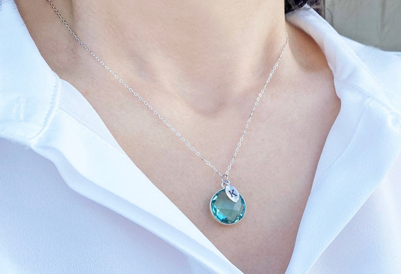 Aquamarine Necklace, March Birthstone Necklace, Round Personalized Necklace, Sterling Silver or 18K Gold, Bridesmaid Gift, Mom or Grandma Necklace