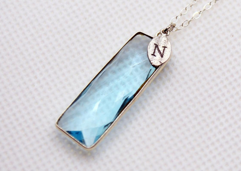 Aquamarine Rectangle Necklace, March Birthstone Necklace, Sterling Silver or 18K Gold, Personalized Bar Necklace, Bridesmaid Gift, Mom Necklace
