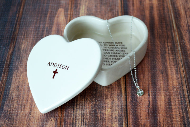 Baptism Gift, Confirmation Gift, First Communion Gift, Godchild Gift - Heart Keepsake Box w/ Cross Necklace - with Irish Blessing