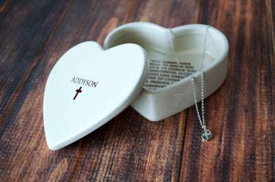 Baptism Gift, Confirmation Gift, First Communion Gift, Godchild Gift - Heart Keepsake Box w/ Cross Necklace - with Irish Blessing