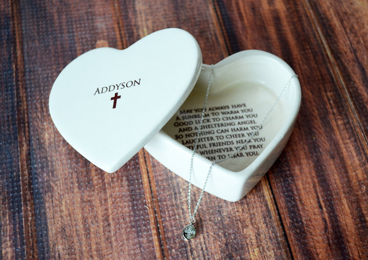 Baptism Gift, Confirmation Gift, First Communion Gift, Godchild Gift - Heart Keepsake Box w/ Cross Necklace - with Irish Blessing