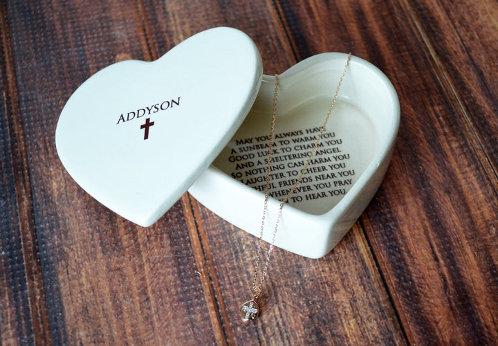 Baptism Gift, Confirmation Gift, First Communion Gift, Godchild Gift - Heart Keepsake Box w/ Cross Necklace - with Irish Blessing
