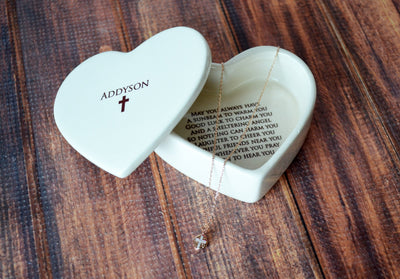 Baptism Gift, Confirmation Gift, First Communion Gift, Godchild Gift - Heart Keepsake Box w/ Cross Necklace - with Irish Blessing