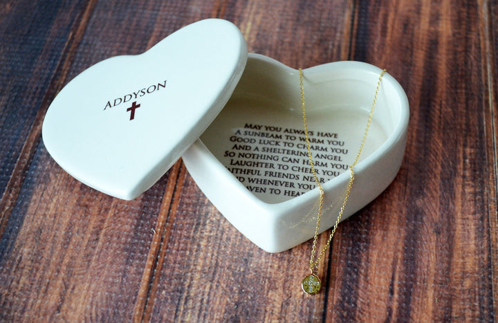 Baptism Gift, Confirmation Gift, First Communion Gift, Godchild Gift - Heart Keepsake Box w/ Cross Necklace - with Irish Blessing
