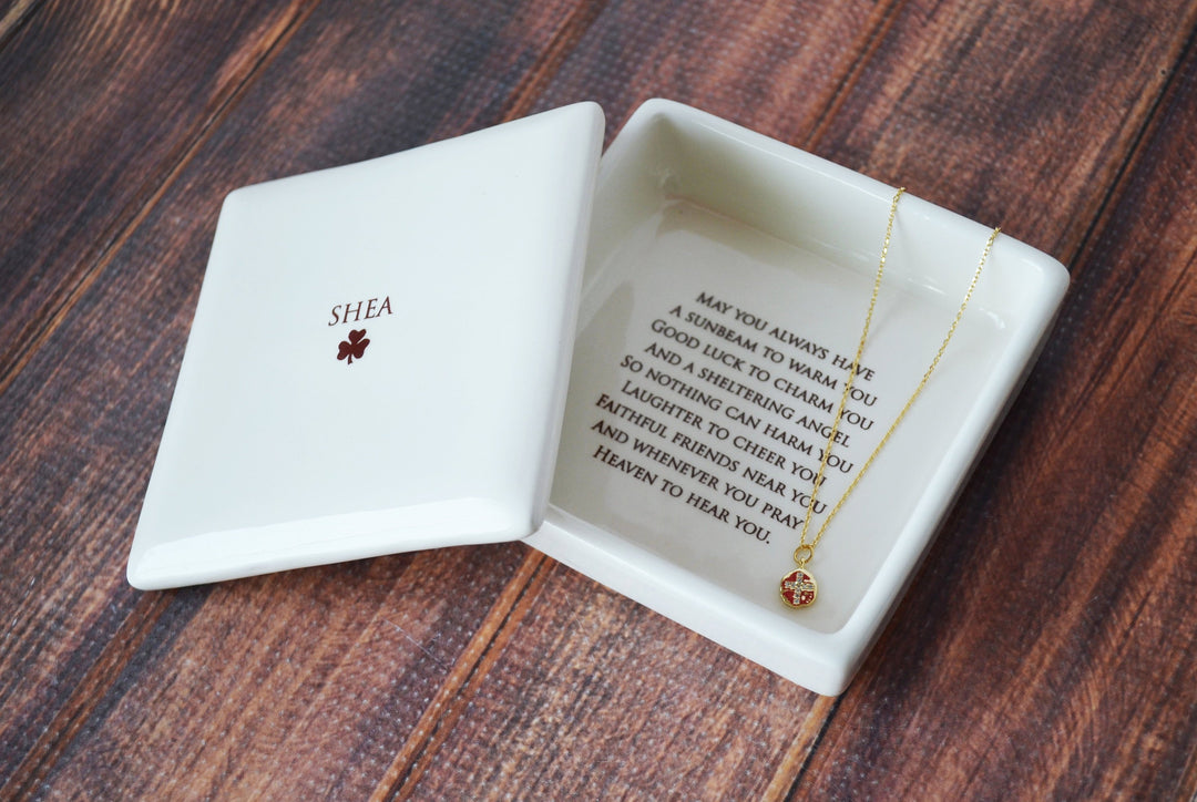 Baptism Gift, Confirmation Gift, First Communion Gift, Godchild Gift - Square Keepsake Box w/ Cross Necklace - with Irish Blessing