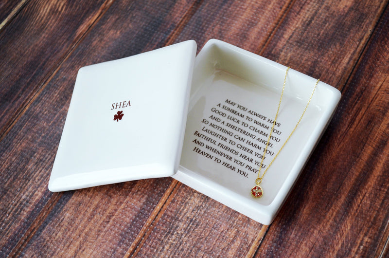 Baptism Gift, Confirmation Gift, First Communion Gift, Godchild Gift - Square Keepsake Box w/ Cross Necklace - with Irish Blessing