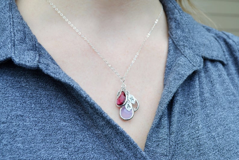 Aquamarine Birthstone Necklace, Bridesmaid Gift, Mom Birthstone Necklace, Stamped Initial Necklace, Mom Gift, Aunt Necklace, Grandma Necklace