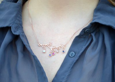 Rose Gold Birthstone Necklace, Family Tree Necklace, Branch Necklace, Initial Necklace