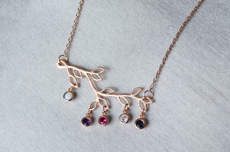 Rose Gold Birthstone Necklace, Family Tree Necklace, Branch Necklace, Initial Necklace