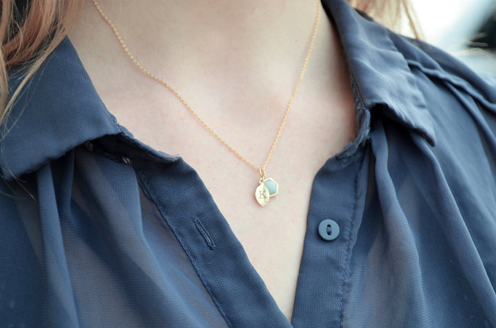 Personalized Hexagon Necklace, Leaf Necklace, Custom Initial Necklace, Birthstone Necklace