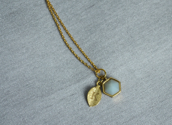 Personalized Hexagon Necklace, Leaf Necklace, Custom Initial Necklace, Birthstone Necklace