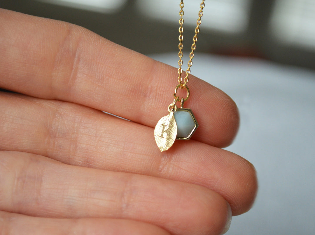 Personalized Hexagon Necklace, Leaf Necklace, Custom Initial Necklace, Birthstone Necklace