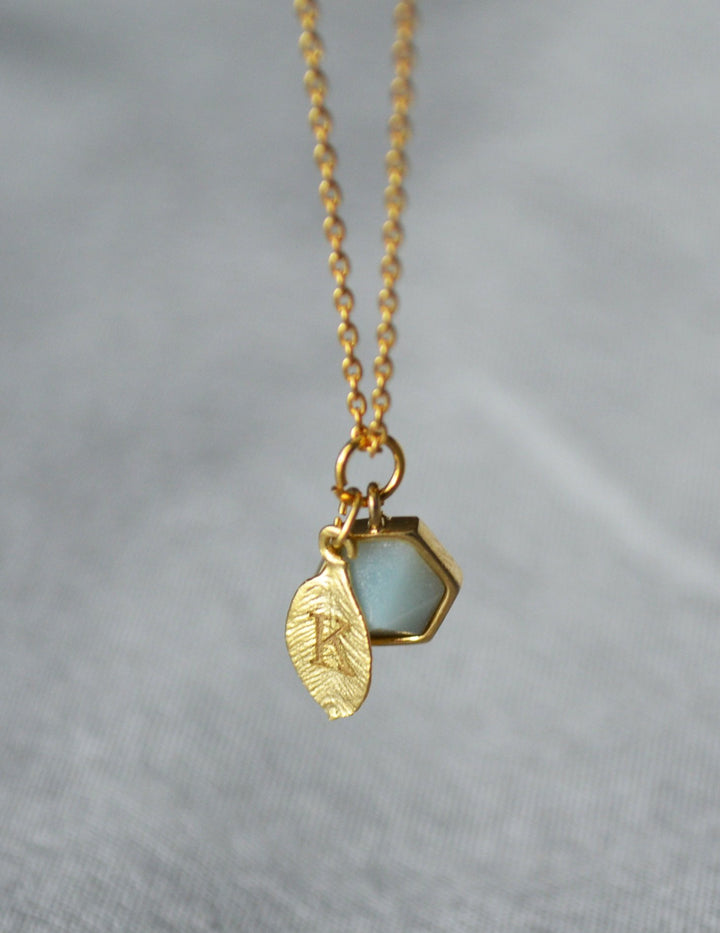 Personalized Hexagon Necklace, Leaf Necklace, Custom Initial Necklace, Birthstone Necklace