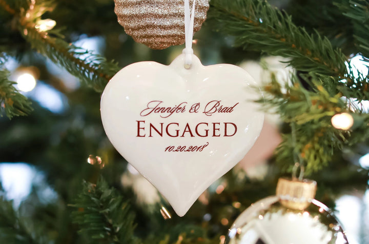 Engagement Ornament - Engagement Gift, Bridal Shower Gift, or Christmas Gift - Heart Shaped With Names and Date