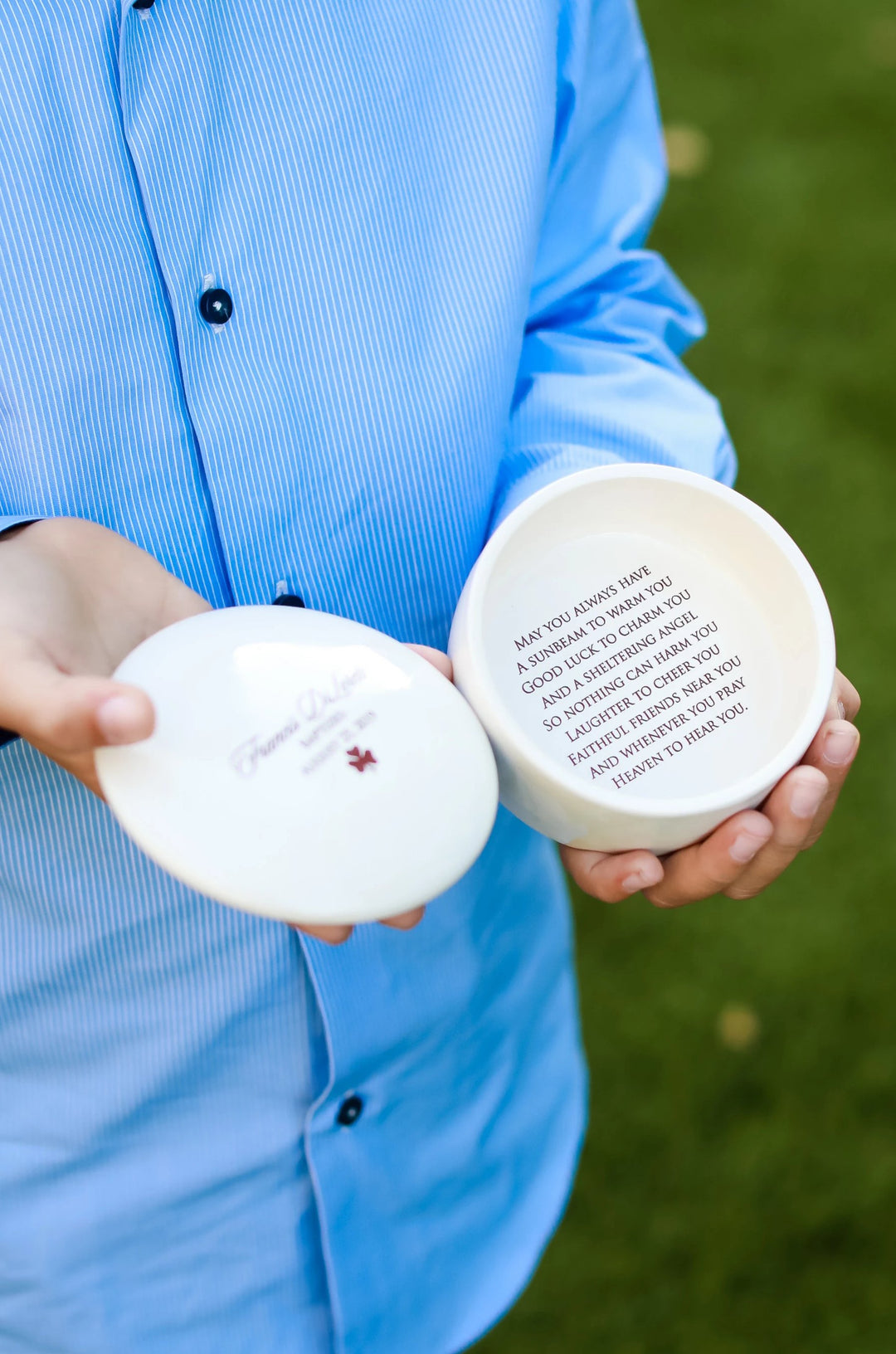 Baptism Gift or First Communion Gift - With Irish Blessing, Name & Date - Script Font - Round Keepsake Box