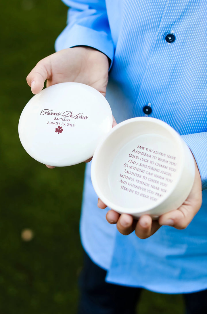 Baptism Gift or First Communion Gift - With Irish Blessing, Name & Date - Script Font - Round Keepsake Box