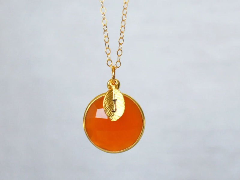 Personalized Carnelian Necklace, Round July Birthstone Necklace, 18K Gold Filled
