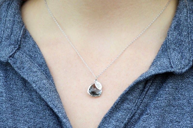 Charcoal Gray Necklace, Black Diamond Necklace, Gift for Wife, Girlfriend Gift, Personalized Jewelry, Bridesmaid Necklace, Initial Necklace
