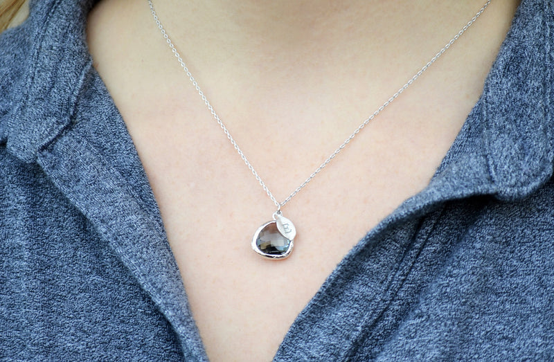 Charcoal Gray Necklace, Black Diamond Necklace, Gift for Wife, Girlfriend Gift, Personalized Jewelry, Bridesmaid Necklace, Initial Necklace