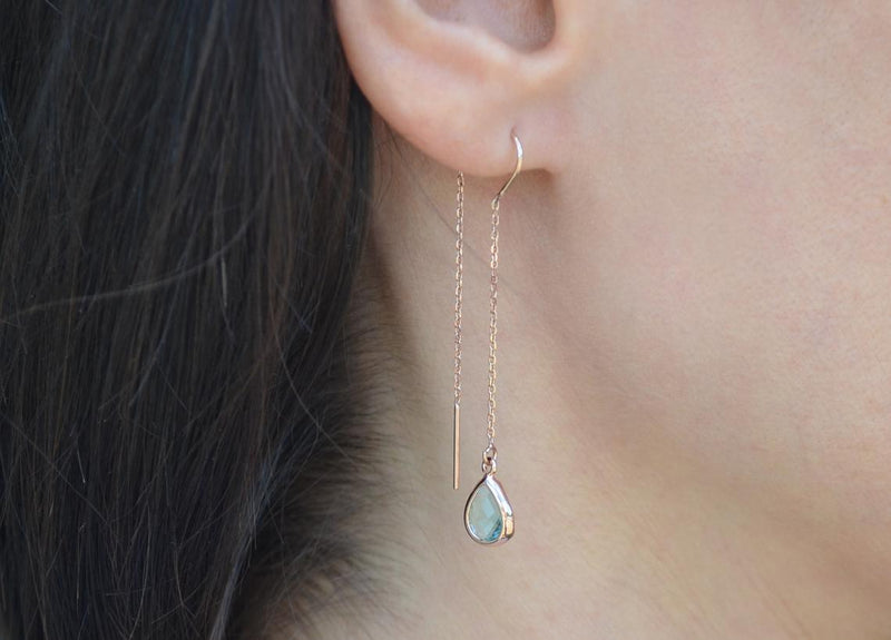 Dainty Aquamarine Birthstone earrings, Threader March Birthstone earrings, Bridesmaid earrings, Threader Tear Drop Earrings, March Birthday Gift