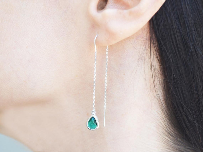 Emerald Birthstone earrings, May Drop earrings, Green Dainty Earrings, Bridesmaid earrings, Threader Tear Drop Earrings, May Birthday Gift