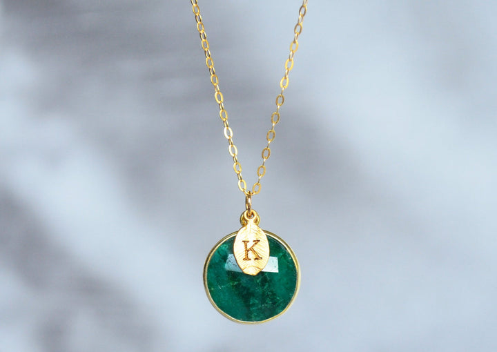 Emerald Necklace, May Birthstone Necklace, 18K Gold or Sterling Silver, Gift for Wife, Personalized Round Necklace, Bridesmaid, Mom Gift