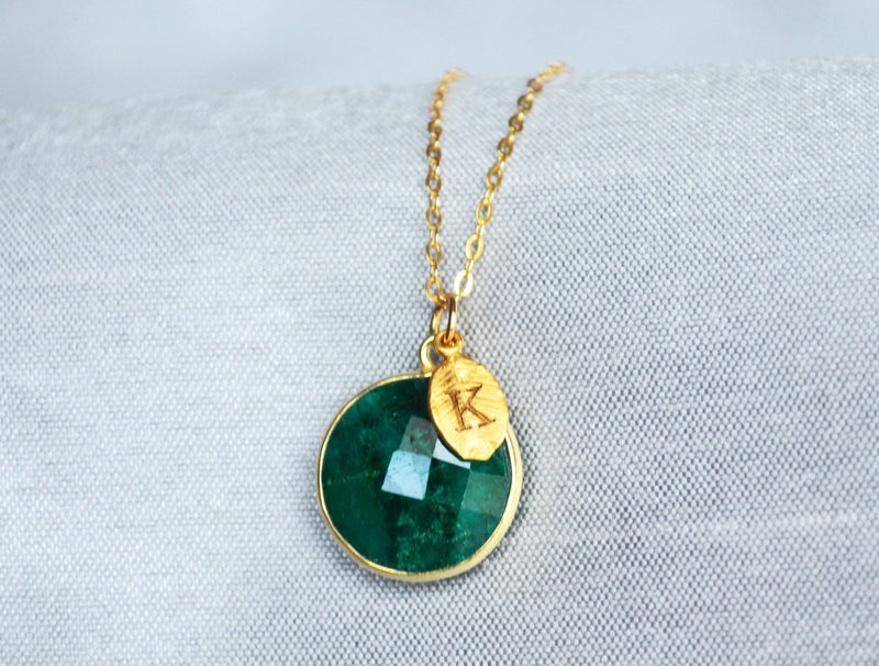 Emerald Necklace, May Birthstone Necklace, 18K Gold or Sterling Silver, Gift for Wife, Personalized Round Necklace, Bridesmaid, Mom Gift