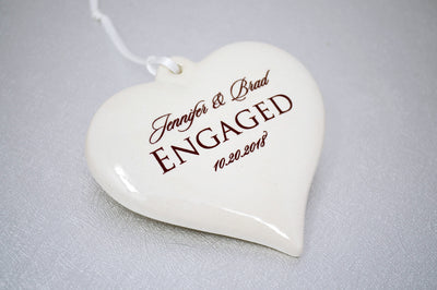 Engagement Ornament - Engagement Gift, Bridal Shower Gift, or Christmas Gift - Heart Shaped With Names and Date