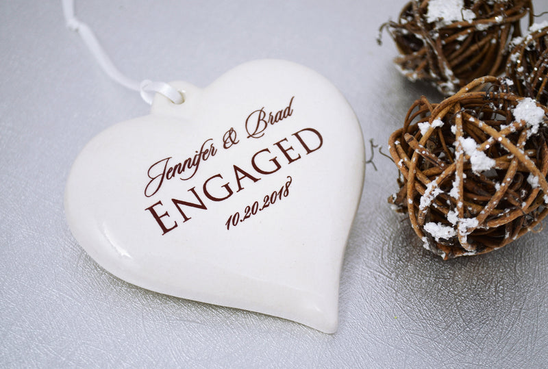 Engagement Ornament - Engagement Gift, Bridal Shower Gift, or Christmas Gift - Heart Shaped With Names and Date