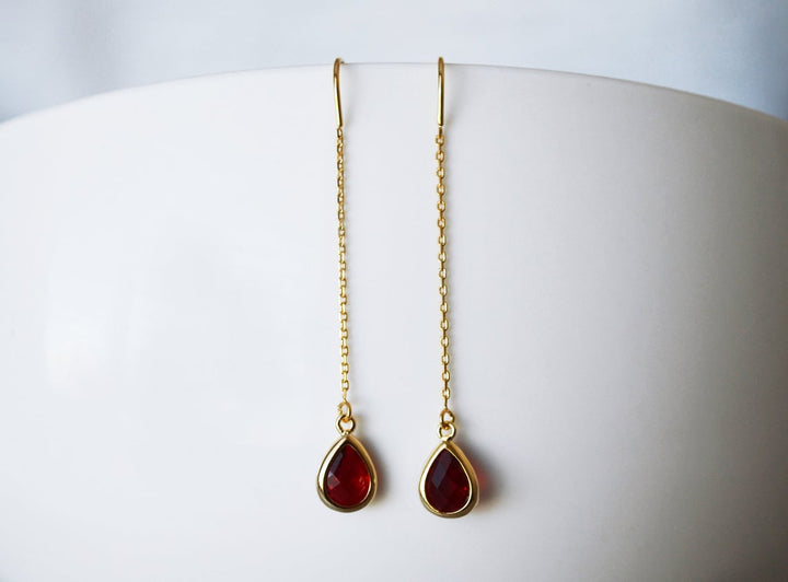 Garnet Threader Drop earrings, Dainty January Birthstone earrings, Garnet Drop earrings, Bridesmaid earrings, January Birthday Gift