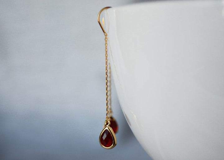 Garnet Threader Drop earrings, Dainty January Birthstone earrings, Garnet Drop earrings, Bridesmaid earrings, January Birthday Gift