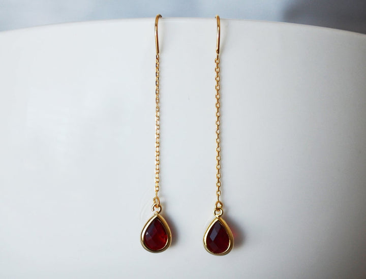 Garnet Threader Drop earrings, Dainty January Birthstone earrings, Garnet Drop earrings, Bridesmaid earrings, January Birthday Gift