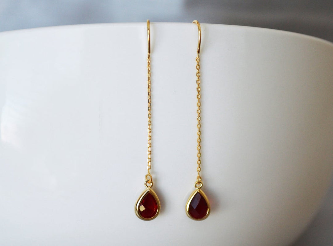 Garnet Threader Drop earrings, Dainty January Birthstone earrings, Garnet Drop earrings, Bridesmaid earrings, January Birthday Gift