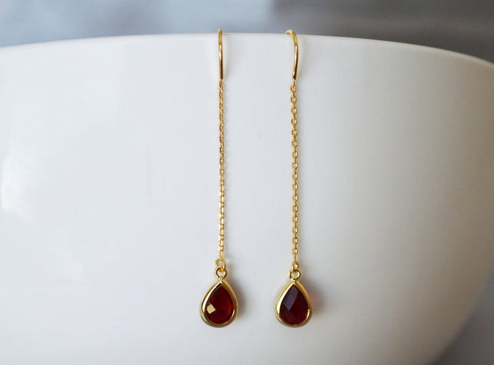 Garnet Threader Drop earrings, Dainty January Birthstone earrings, Garnet Drop earrings, Bridesmaid earrings, January Birthday Gift