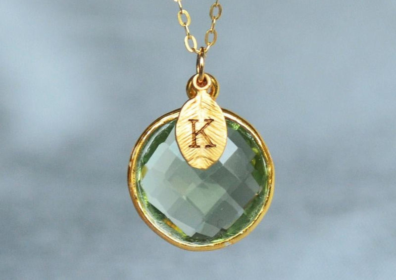 Green Amethyst Necklace, August Birthstone Necklace, 18K Gold, Personalized Round Necklace, Bridesmaid, Mom Gift
