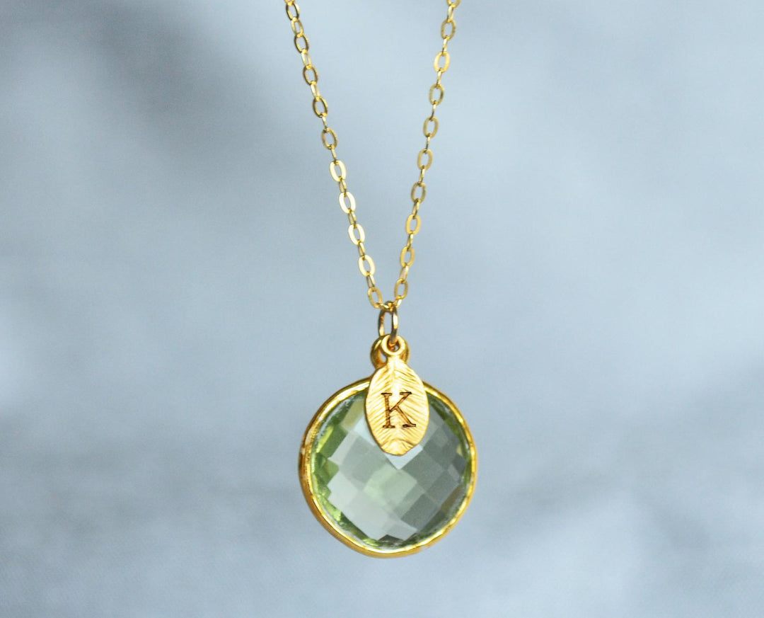 Green Amethyst Necklace, August Birthstone Necklace, 18K Gold, Personalized Round Necklace, Bridesmaid, Mom Gift