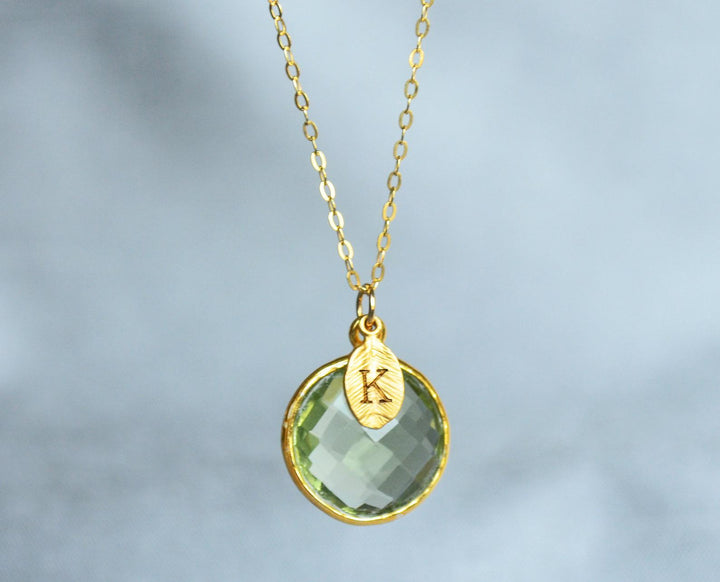 Green Amethyst Necklace, August Birthstone Necklace, 18K Gold, Personalized Round Necklace, Bridesmaid, Mom Gift