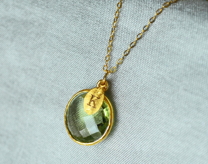 Green Amethyst Necklace, August Birthstone Necklace, 18K Gold, Personalized Round Necklace, Bridesmaid, Mom Gift