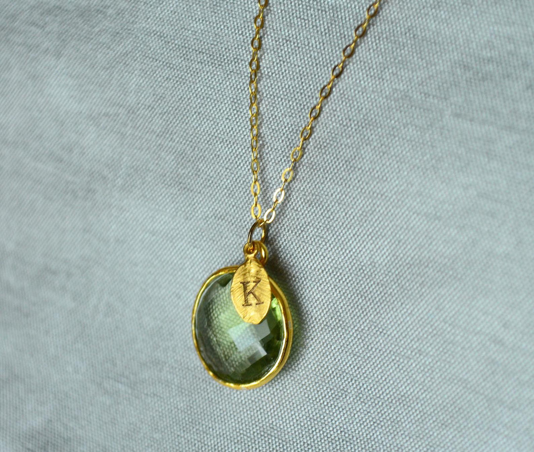 Green Amethyst Necklace, August Birthstone Necklace, 18K Gold, Personalized Round Necklace, Bridesmaid, Mom Gift