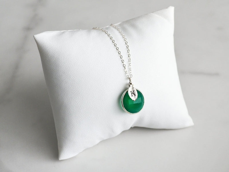 Green Onyx Necklace, May Birthstone Necklace, Bridesmaid Gift, 18K Gold or Sterling Silver, Gift for Wife, Personalized Round Necklace