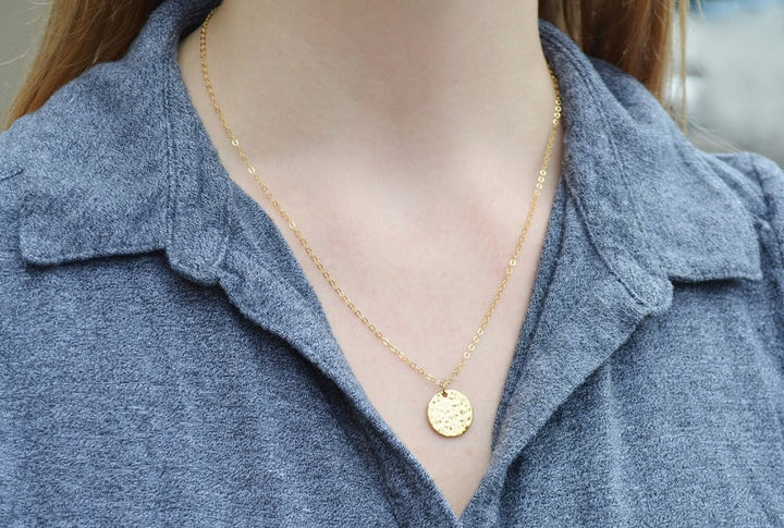 Hammered Circle Gold Pendant Necklace, Layering Necklace, Graduation Gift, Bridesmaid Gift, Friend Gift, Mom Gift, Gift for Her