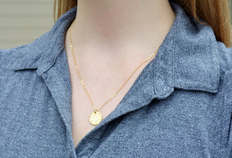 Hammered Circle Gold Pendant Necklace, Layering Necklace, Graduation Gift, Bridesmaid Gift, Friend Gift, Mom Gift, Gift for Her