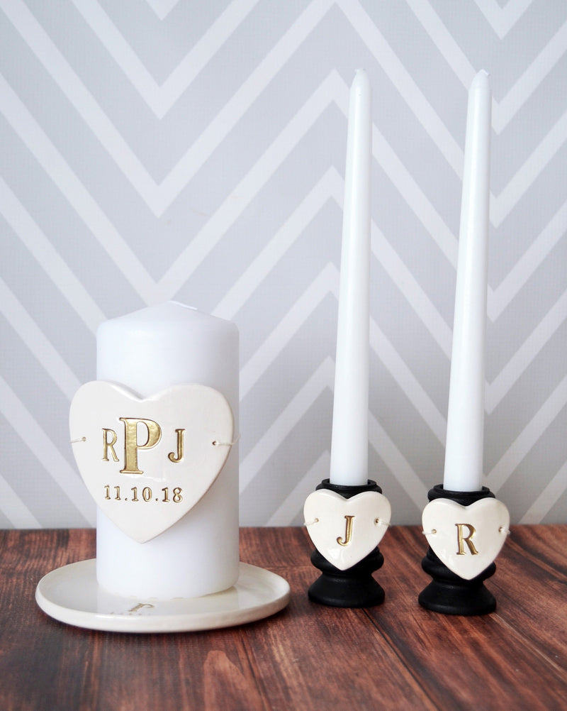 Heart Shaped Unity Candle Wedding Ceremony Set with Candle Holders and Plate - Personalized