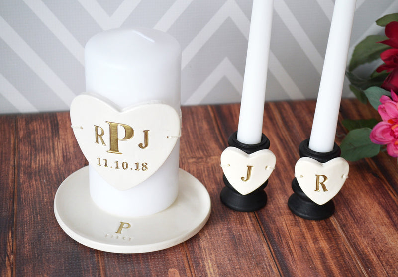 Heart Shaped Unity Candle Wedding Ceremony Set with Candle Holders and Plate - Personalized