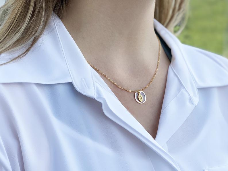 June Birthstone Necklace, Mother-of-pearl Necklace, Shell Pendant, Personalized Necklace, Bridesmaid Necklace, Initial Necklace