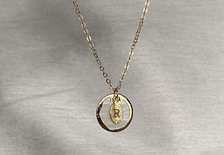 June Birthstone Necklace, Mother-of-pearl Necklace, Shell Pendant, Personalized Necklace, Bridesmaid Necklace, Initial Necklace